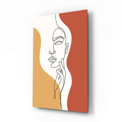 Single line drawing of a calm woman's face with her hand at her chin over rust red and golden yellow shapes, on glass