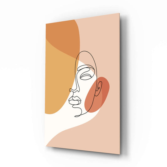 Single line drawing of a woman's face with closed eyes over orange, peach and rust shapes on cream, glass wall art