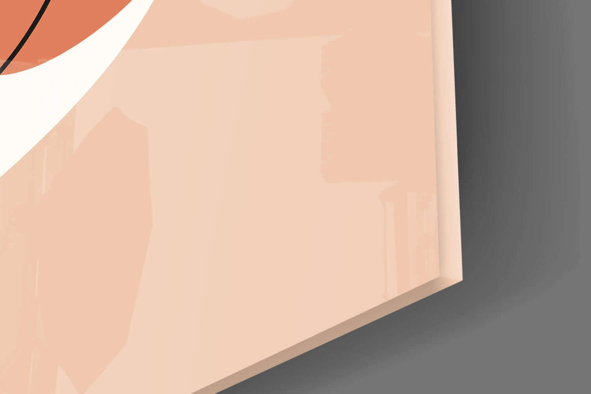 Close-up of the glossy tempered glass edge on the peach line art face wall art