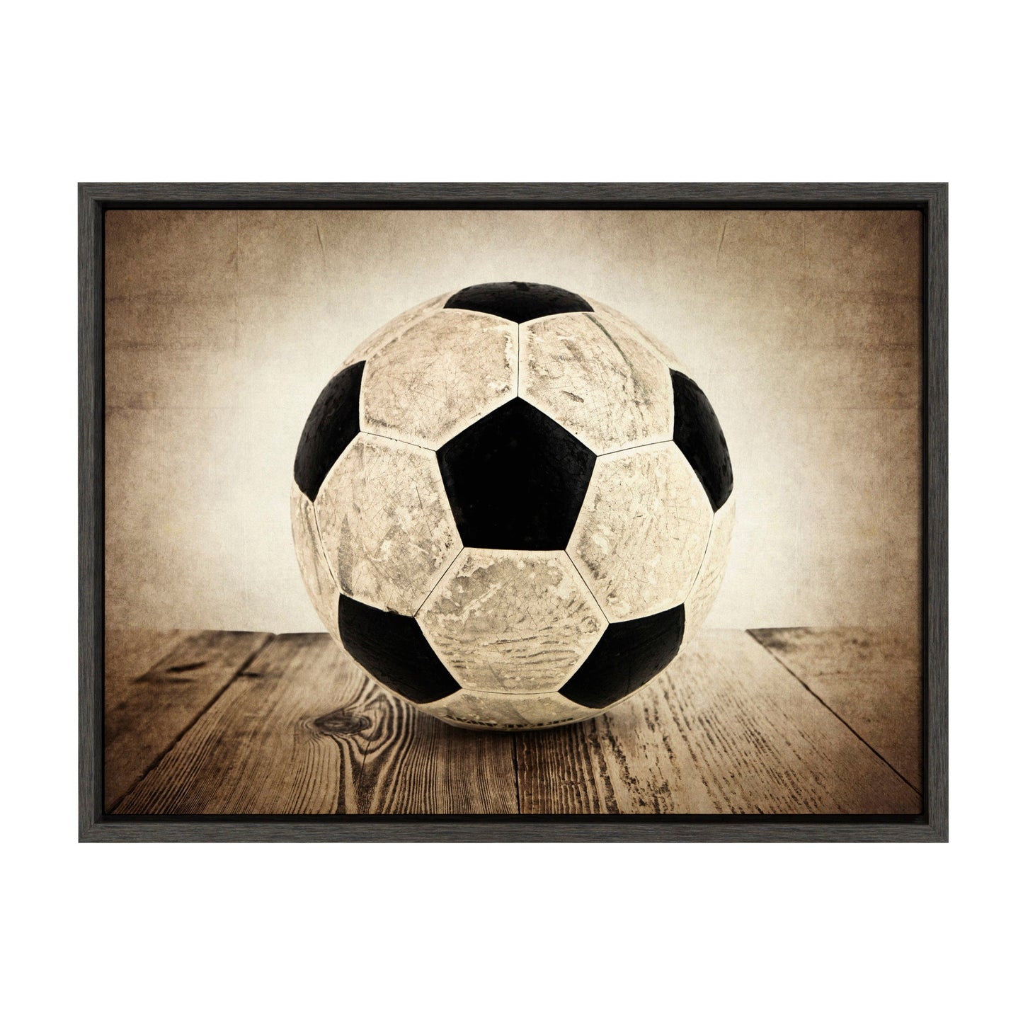 Soccer ball on wood framed canvas wall art in gray frame, easy to hang