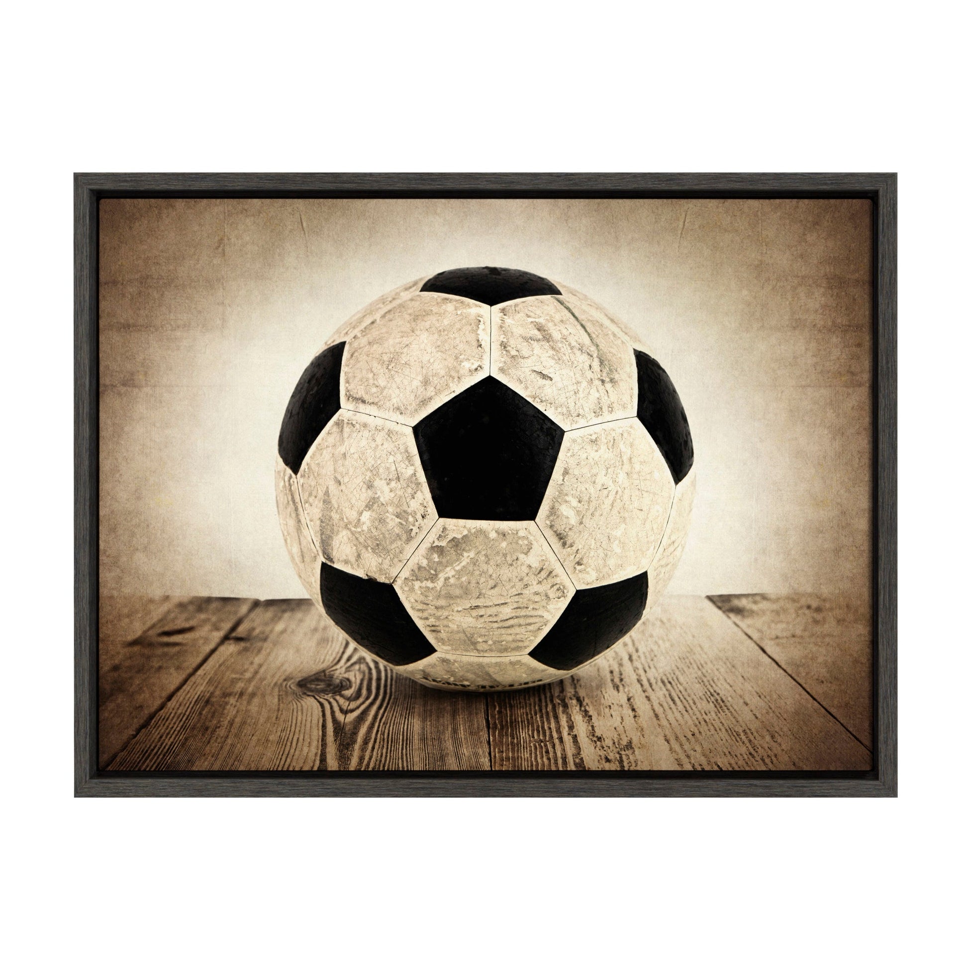 Soccer ball on wood framed canvas wall art in gray frame, easy to hang