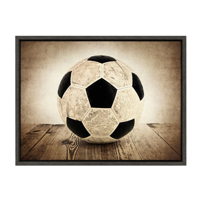 Soccer ball on wood framed canvas wall art in gray frame, easy to hang