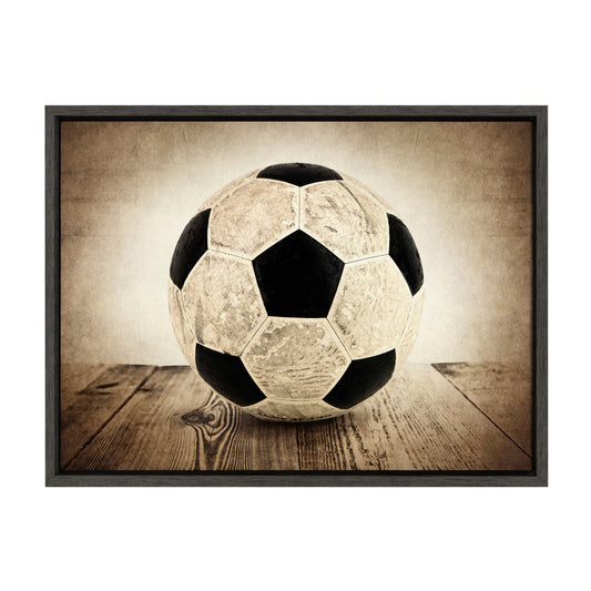 Soccer ball on wood framed canvas wall art in gray frame, easy to hang