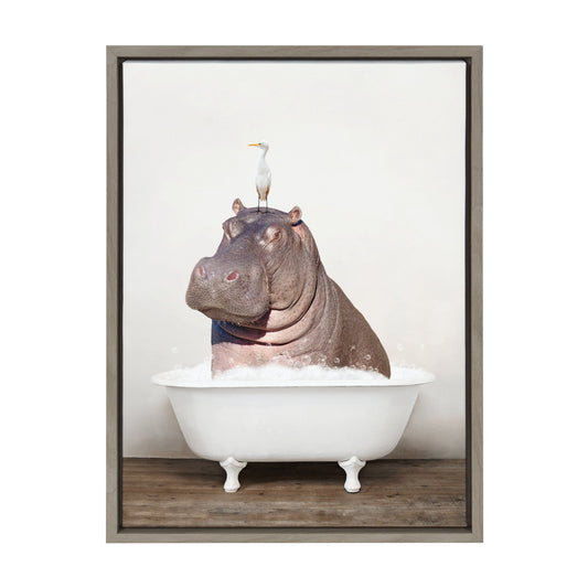 Hippo and Bird in Rustic Bath Framed Canvas Art