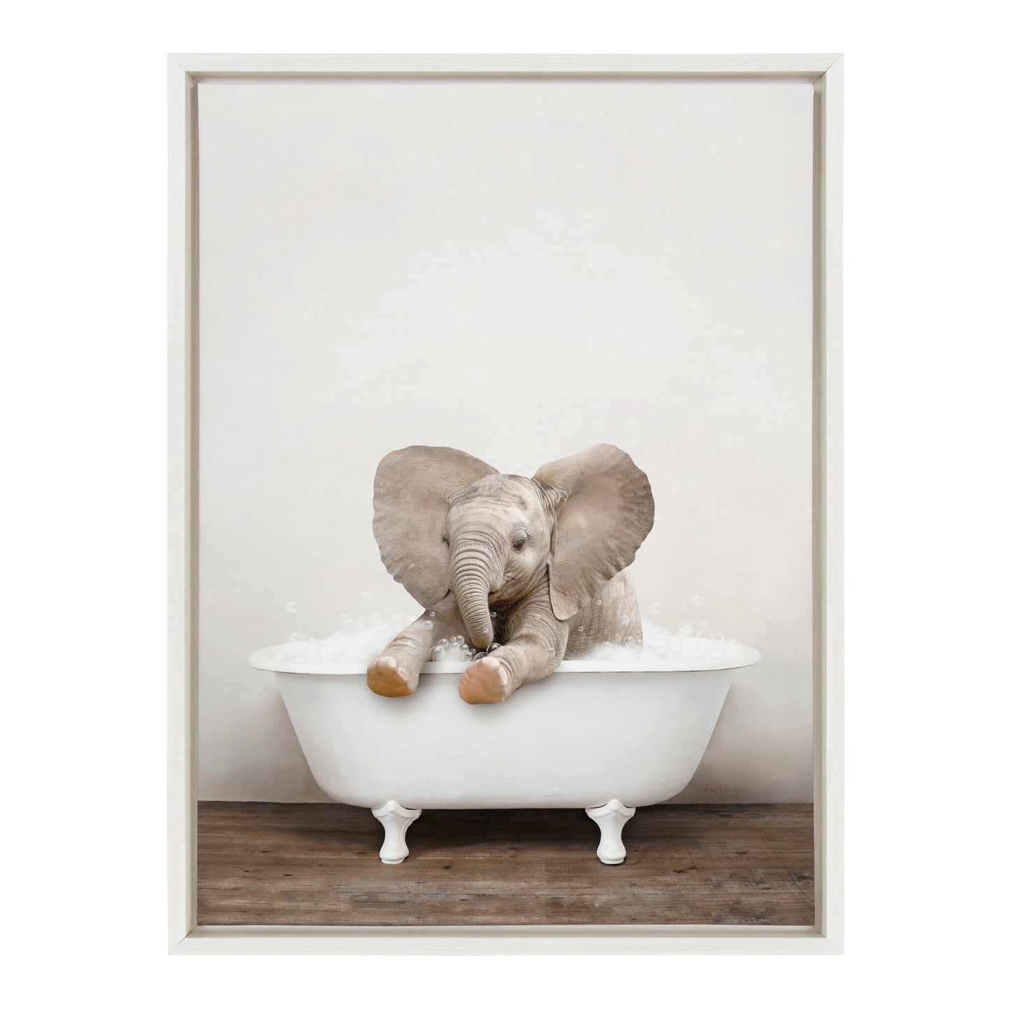 Baby Elephant in Rustic Bath Framed Canvas Wall Art