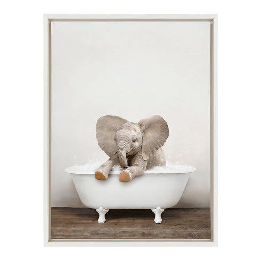 Baby Elephant in Rustic Bath Framed Canvas Wall Art