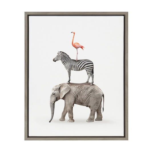 Stacked safari animals framed canvas wall art for a nursery or kids' room
